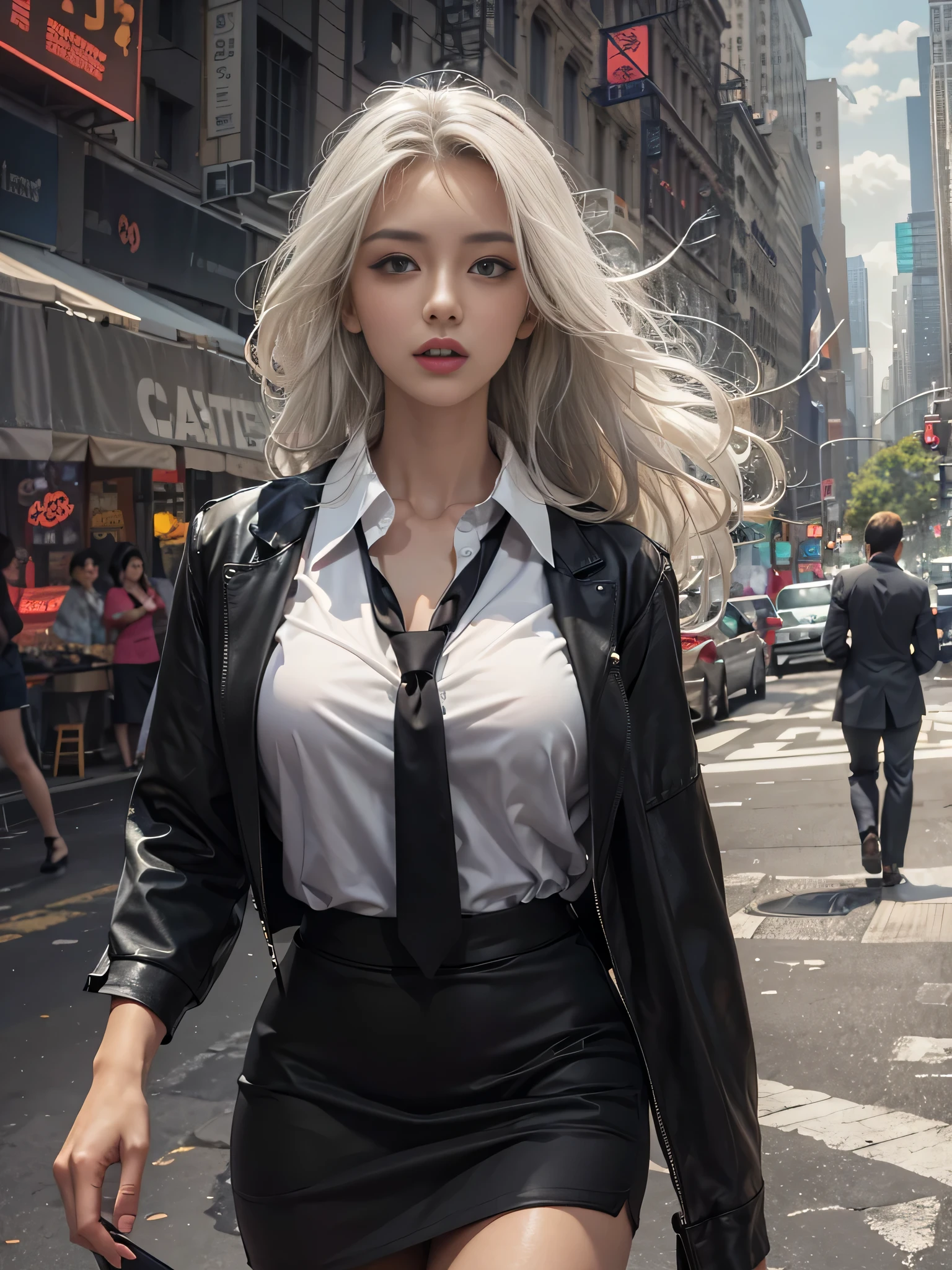 (Woman walking through the streets of New York),Photorealistic, High resolution, 1 Women, solo, hips up high, Beautiful eyes, Close lips, Detailed face, White hair, Long hair, Collared shirt, black necktie,Black skirt, pencil skirts, Black stockings