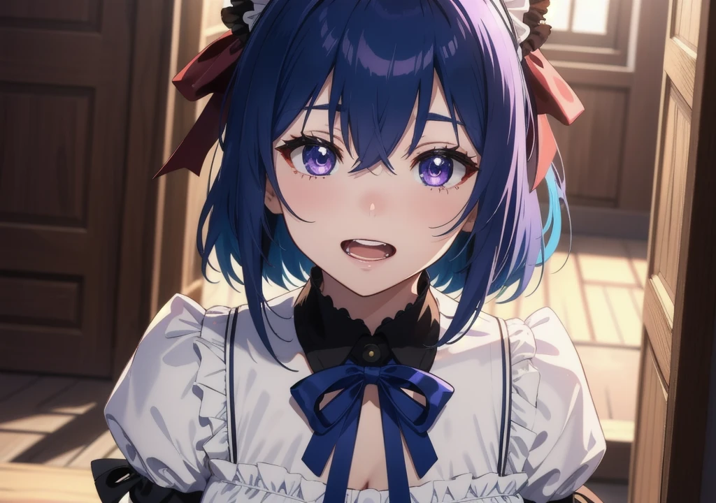 masterpiece, best quality,(fancy), (delicate eyes and face), volumetric lighting, ray tracing, Highly detailed CG Unity 8k wallpaper, Remlin, blue hair, hair above one eye, medium chest, maid, purple ribbon, maid headdress, roswaal mansion maid uniform, white apron, separated sleeves, (looking at viewer:1.1), dehisce, laugh, yandere trance, yandere, touch one&#39;s face, Put your hand on your own cheek, dark background,  