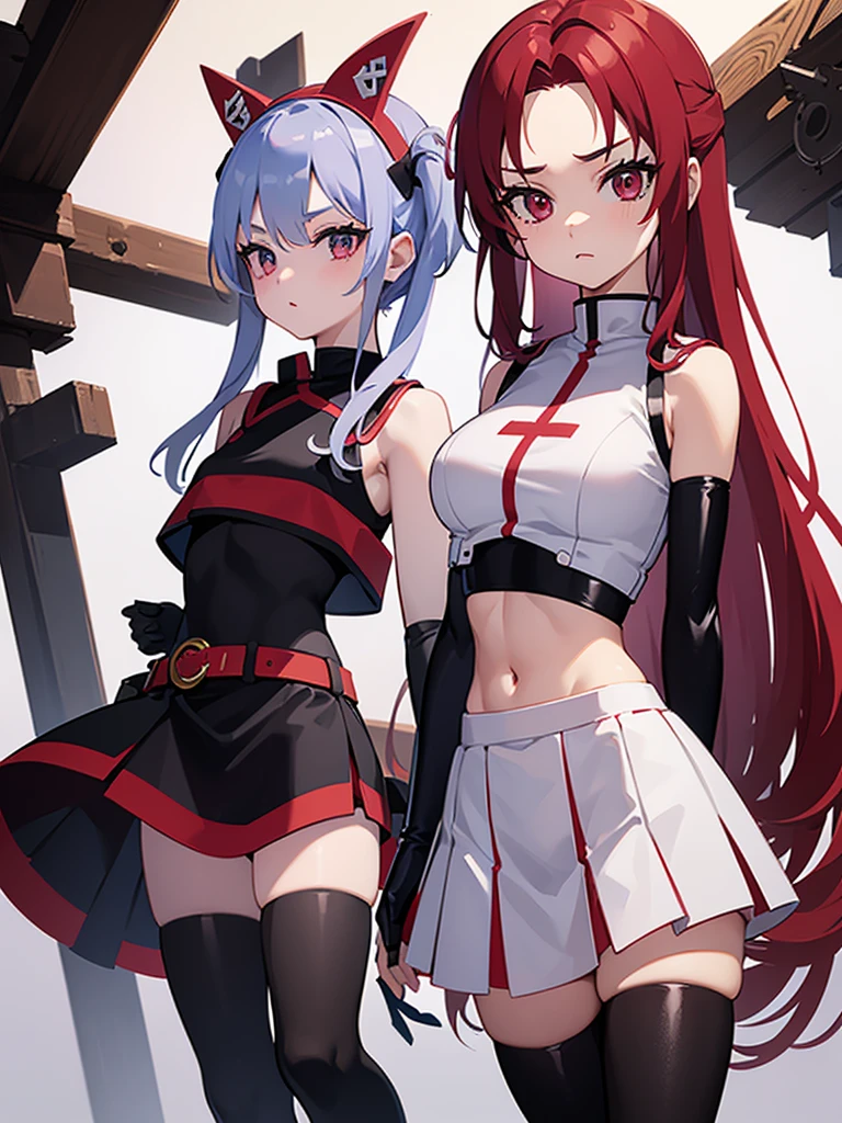 1girl, Mao, tsurime, team rocket, team rocket uniform, red letter R, white skirt,white crop top, black thigh-highs, black elbow gloves