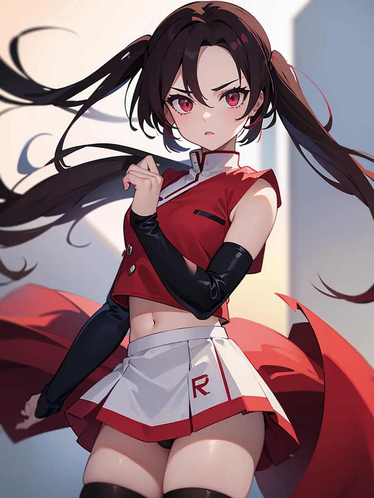 1girl, Mao, tsurime, team rocket, team rocket uniform, red letter R, white skirt,white crop top, black thigh-highs, black elbow gloves