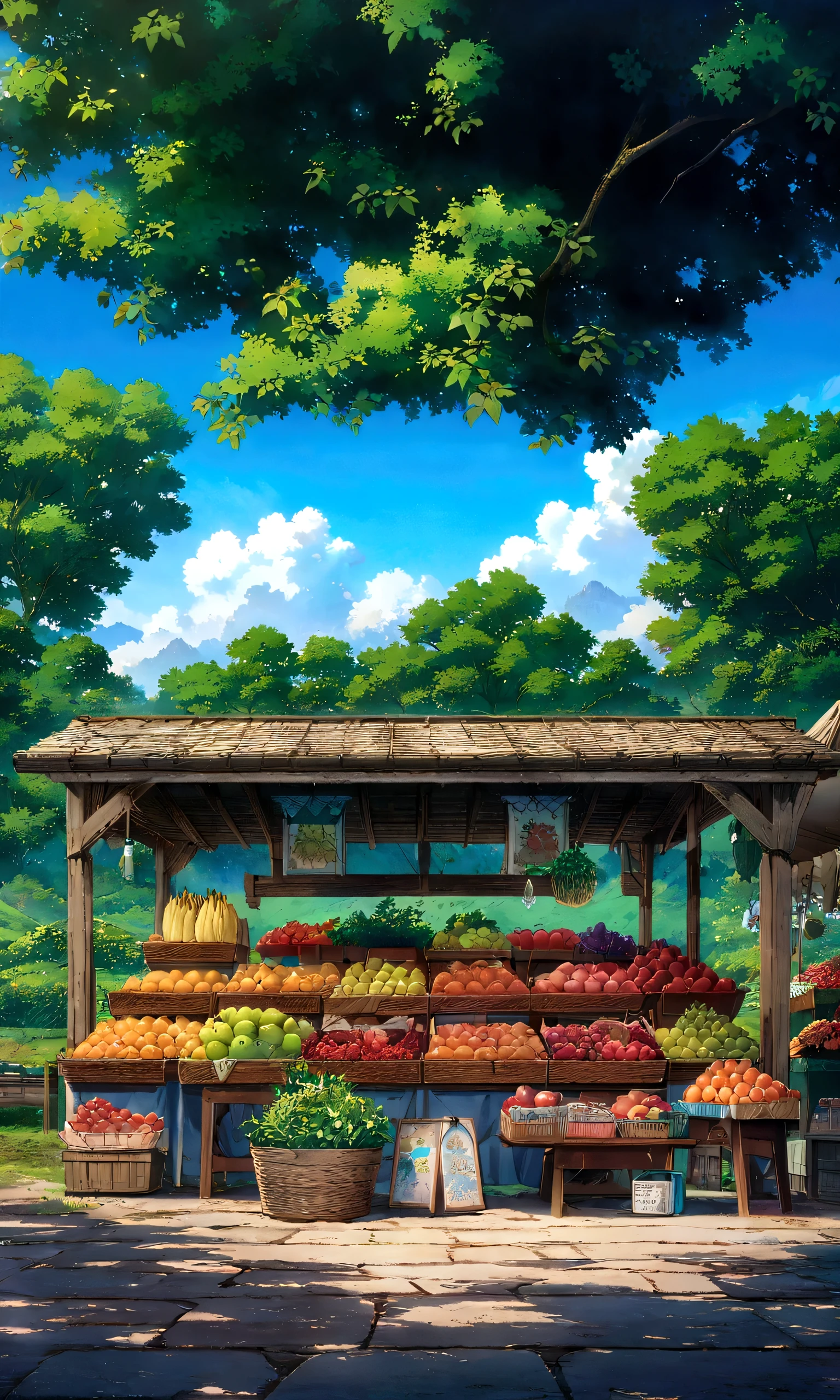 anime scenery of a fruit stand with a lot of fruits, background art, anime background art, colored fruit stand, anime countryside landscape, official art, idyllic and fruitful land, official artwork, colored market stand, background artwork, official anime artwork, anime scenery concept art, market setting, 2021 award winning painting, 2 0 2 1 award winning painting