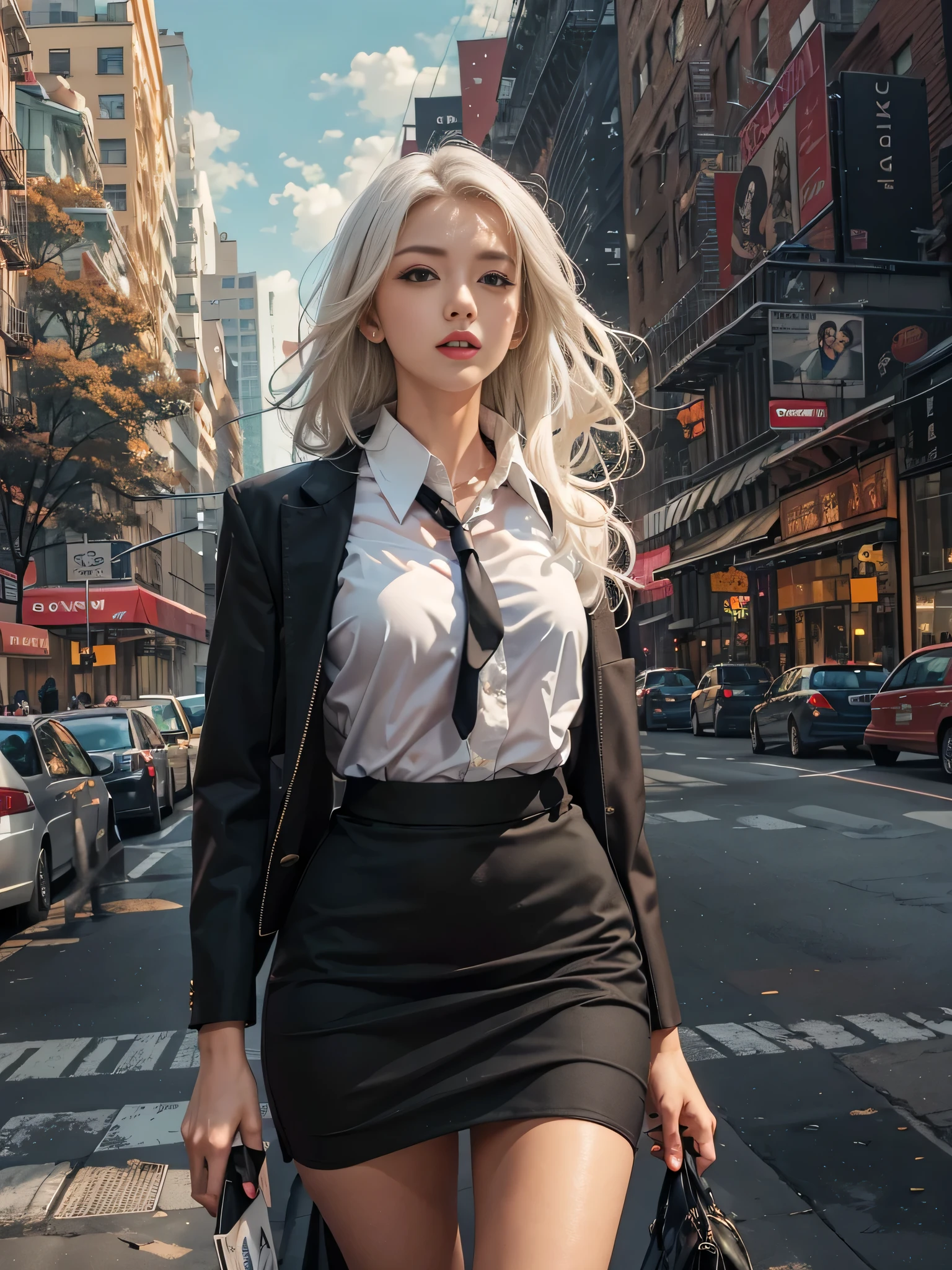 (Woman walking through the streets of New York),Photorealistic, High resolution, 1 Women, solo, hips up high, Beautiful eyes, Close lips, Detailed face, White hair, Long hair, Collared shirt, black necktie,Black skirt, pencil skirts, Black stockings