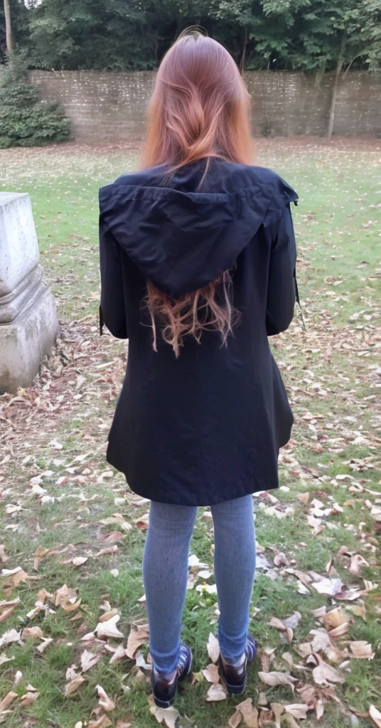 woman with rotated head, ginger, long hair, back photo, head to the back, face visible,