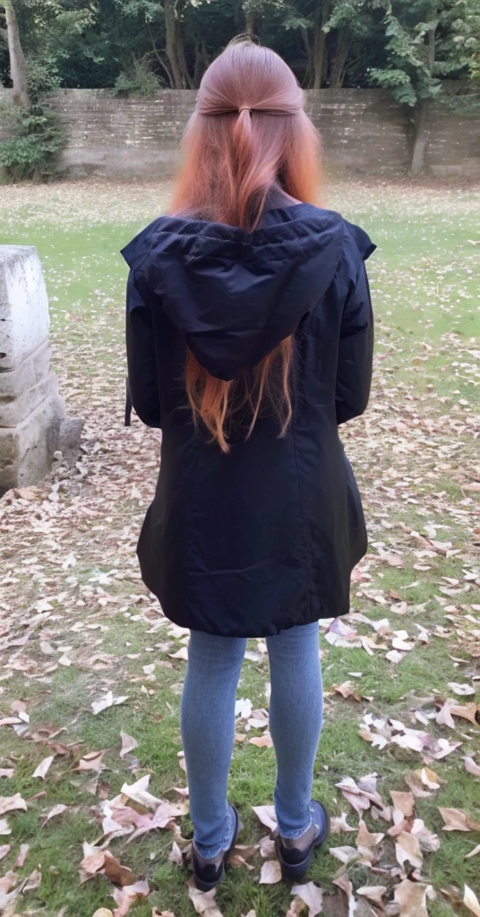 woman with rotated head, ginger, long hair, back photo, head to the back, face visible,
