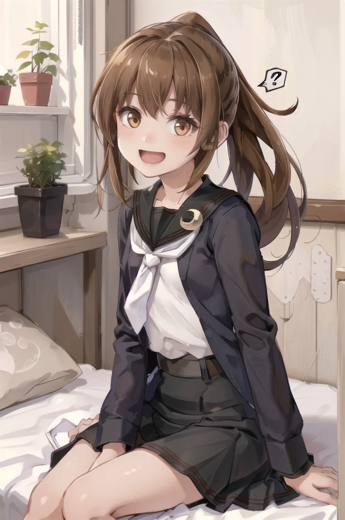 (masterpiece), (Highest quality), (Super detailed), ((Very delicate and beautiful)), One girl, 独奏, July, Cowboy Shot, Black Sailor Suit, White neckerchief, Crescent Pin, (very long hair), ponytail, smile, Flat Chest, belt, Black Skirt, chestnut mouth, Sitting, on bed, spoken question mark,  indoors, Detailed iris, young, 