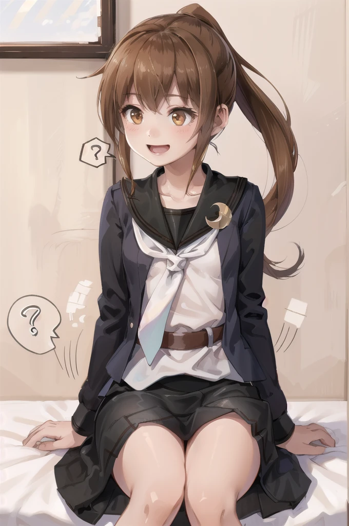 (masterpiece), (Highest quality), (Super detailed), ((Very delicate and beautiful)), One girl, 独奏, July, Cowboy Shot, Black Sailor Suit, White neckerchief, Crescent Pin, (very long hair), ponytail, smile, Flat Chest, belt, Black Skirt, chestnut mouth, Sitting, on bed, spoken question mark,  indoors, Detailed iris, young, 