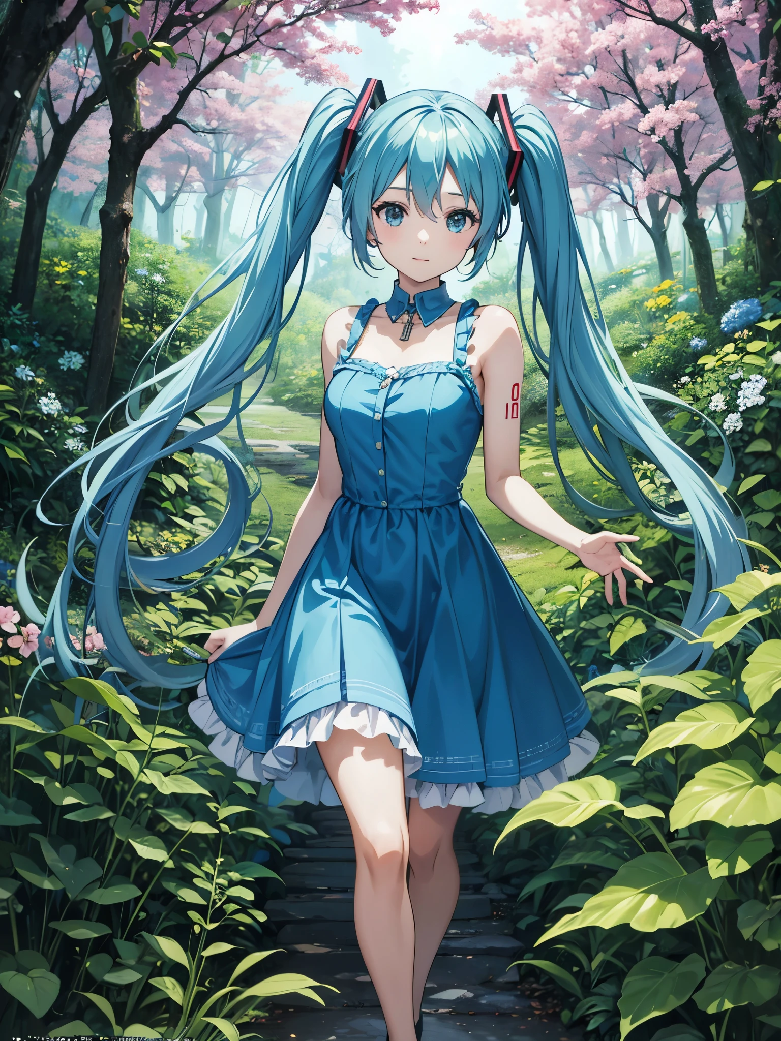 Anime girl in a blue dress running through a flowered forest, Official Anime Artwork, Official Artwork, HD artwork, high detailed Official Artwork, portrait of hatsune Miku, Detailed Key Anime Art, hatsune Miku, Anime Rush John 8k Woods, In a dress, hatsune Miku portrait, Miku, Anime Art Wallpapers 8K, Mikudayo, Official Art