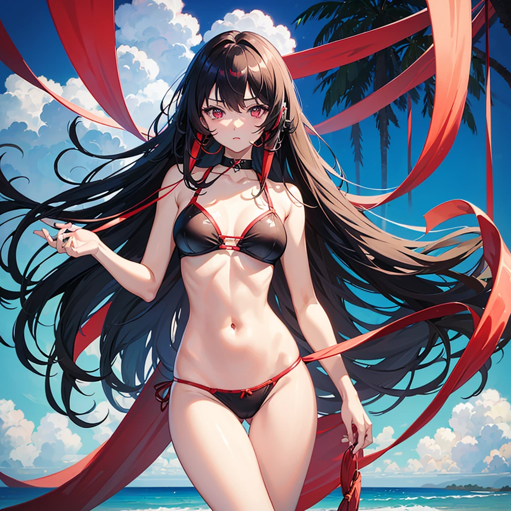 A 20 year old girl named Lenzi. Lenzi is a asian anime girl with a long dark hair. A slim body top to bottom. A red pupil eyes and she has a beautiful face and also cute, Lenzi also wear a blue light string underwear and a headset and she at beach , and a blue light string underwear ok