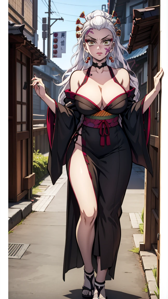 One Demon Girl, looks at the camera, Portrait of a girl, Beautiful waist, night, ancient japan, very sexy, grin, fangs обножены, mouth open, fangs, smile, White hair, erotica, very sexy, beautiful body is completely visible, masterpiece, Best quality, full length (Full body 1.1.), Beautiful waist, good feet, high quality, long hair, White hair. Highly detailed face, depth of field, HDR, very detailed, ray tracing, whole body, dark fantasy, Demon's tattoo, very beautiful, Beautiful ., 1 girl, solo, I look at the viewer, black hair, hair ornament, jewelry, closed mouth, green eyes, yellow eyes, japanese clothes, kimono, draw up, pomade, slit pupils, Brilliant eyes, wicked, Red lips, hair stick