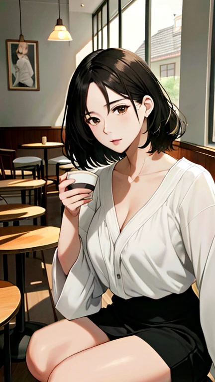 (masterpiece,Highest quality,Ultra-high resolution),,(ultra best illustration), (best shadow),high quality,(ultra detailed:1.15),hyper detailed,insanely detailed, exquisite,beautiful,absurdres,1 woman,Japanese women,(house wife:1.5),(40 years old:1.3),(Attractive mature woman:1.66),(middle-aged:1.49),(Small and round face:1,19),medium skin,shiny skin,detailed skin,detailed face,beautiful breasts,big breasts,Retinal Detail,two side up, medium hair,, Casual, simple blouse,V-neckline,knee-length skirt, blouse in bright colors,pastel shades,(((cafe interior,in room)))