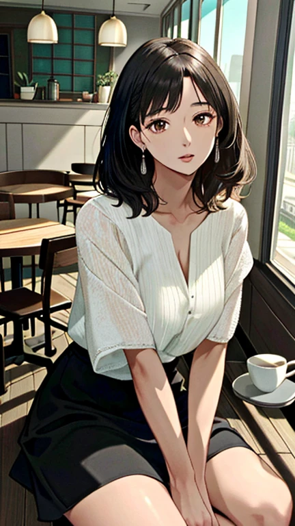 (masterpiece,Highest quality,Ultra-high resolution),,(ultra best illustration), (best shadow),high quality,(ultra detailed:1.15),hyper detailed,insanely detailed, exquisite,beautiful,absurdres,1 woman,Japanese women,(house wife:1.5),(40 years old:1.3),(Attractive mature woman:1.66),(middle-aged:1.49),(Small and round face:1,19),medium skin,shiny skin,detailed skin,detailed face,beautiful breasts,big breasts,Retinal Detail,two side up, medium hair,, Casual, simple blouse,V-neckline,knee-length skirt, blouse in bright colors,pastel shades,(((cafe interior,in room)))