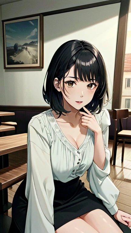 (masterpiece,Highest quality,Ultra-high resolution),,(ultra best illustration), (best shadow),high quality,(ultra detailed:1.15),hyper detailed,insanely detailed, exquisite,beautiful,absurdres,1 woman,Japanese women,(house wife:1.5),(40 years old:1.3),(Attractive mature woman:1.66),(middle-aged:1.49),(Small and round face:1,19),medium skin,shiny skin,detailed skin,detailed face,beautiful breasts,big breasts,Retinal Detail,two side up, medium hair,, Casual, simple blouse,V-neckline,knee-length skirt, blouse in bright colors,pastel shades,(((cafe interior,in room)))