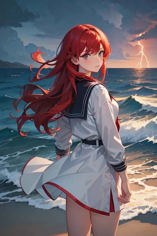 1girl, red hair, typhoon, sea storm, lightning, sea tornado, on the beach, detailed scenery, looking back over shoulder, far away view, sailor outfit, dark sky, stormy sky, more storm effect,