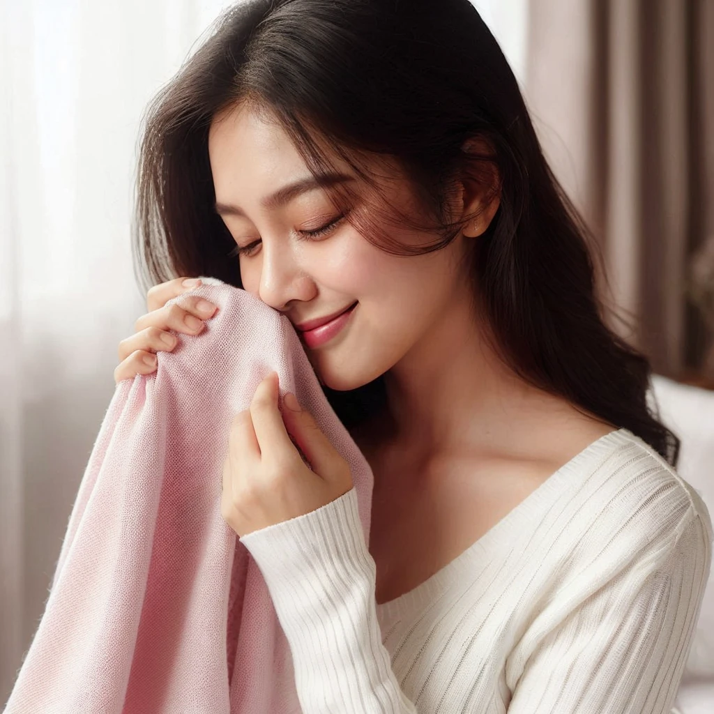 indonesian mother, 27 years old, medium hair, thick hair, white knit longsleeve, polite clothes,  nose was kissing the soft pink fabric, medium view, smile, side view, room bakcground, Ultra HD --v 6.0, high brightness, soft bright lighting, daylight lighting