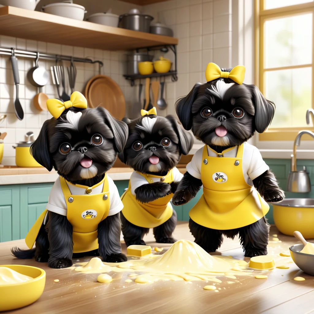 2 Adorable small black Shih Tzu puppies wearing yellow collars and aprons playing, dish soapmaking a mess in Disney kitchen 3d cartoon, 3d render, disney pixar style