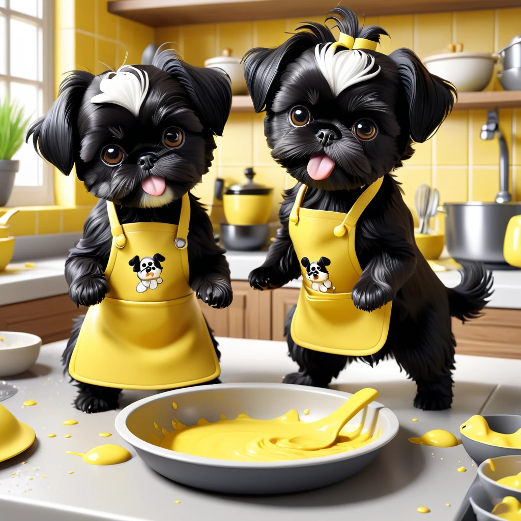 2 Adorable small black Shih Tzu puppies wearing yellow collars and aprons playing, dish soapmaking a mess in Disney kitchen 3d cartoon, 3d render, disney pixar style