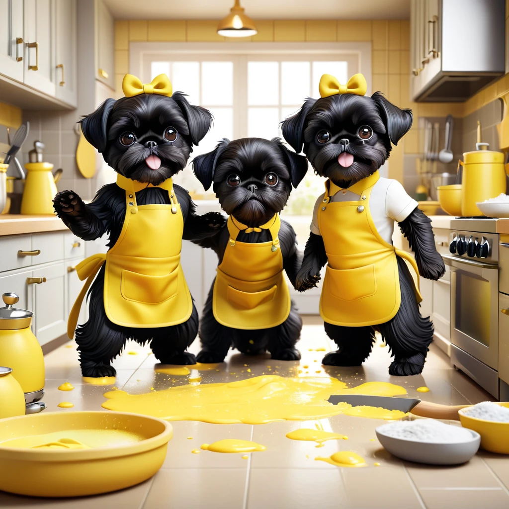 2 Adorable small black Shih Tzu puppies wearing yellow collars and aprons playing, dish soapmaking a mess in Disney kitchen 3d cartoon, 3d render, disney pixar style