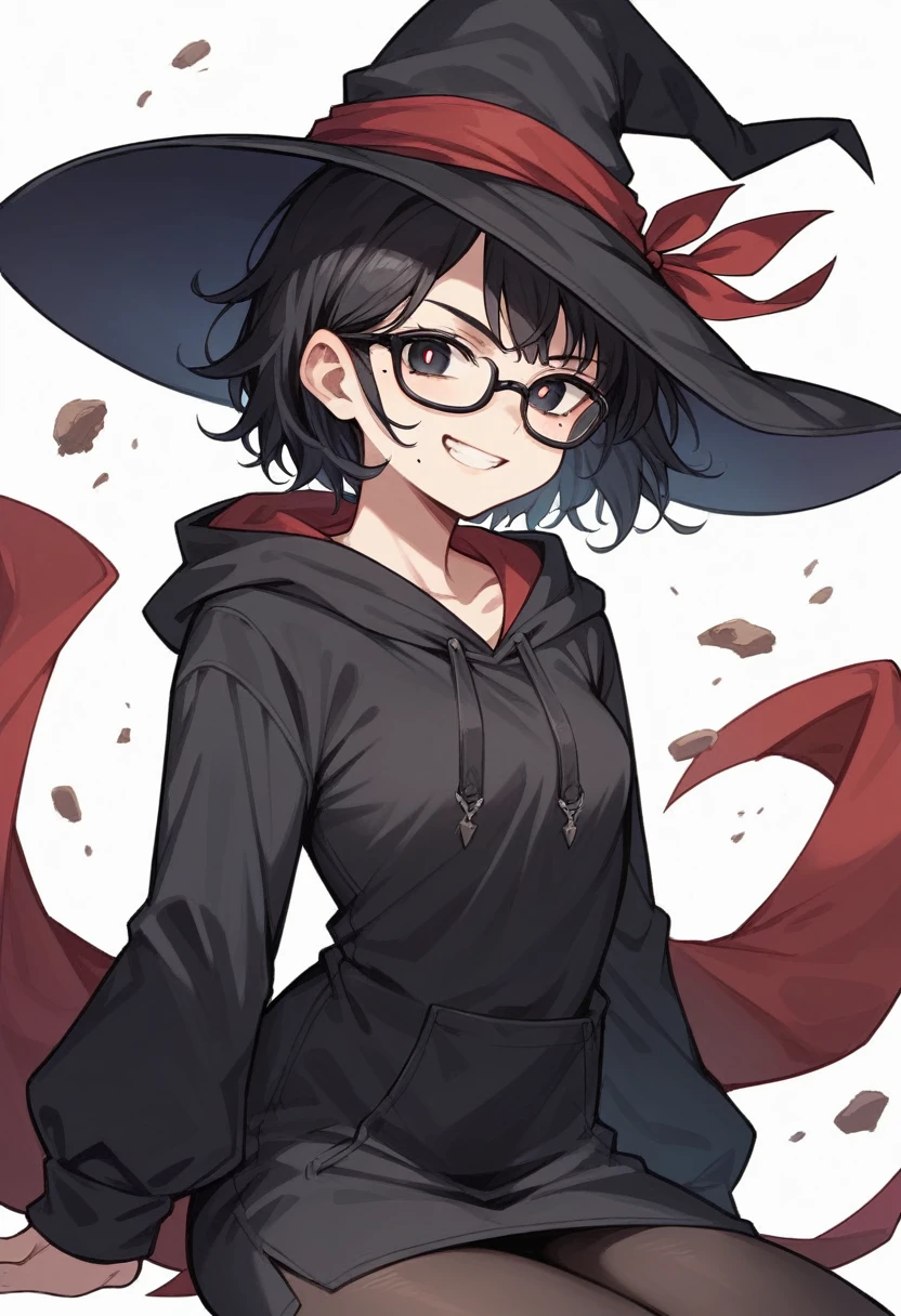 best quality, masterpiece, super high resolution, perfect anatomy, 1girl, black hair, medium_hair, messy hair, long sidelocks, short_bangs, sidelocks, black eyes, red pupils, small breasts, black hoodie, pantyhose, glasses, black eyewear, 23 years old, witch_hat, mole_under_mouth, grin, incredibly absurdres,