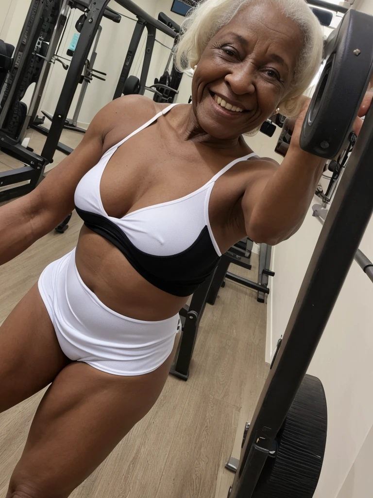 Androeda, solo, realistic, black girl, ((85-year-old girl)), ((mature)), ((old woman)), ((wrinkled woman)), african american old woman, old black woman, dark-skinned, (((upper body only))), ((at the gymnasium)), ((selfie shot)), smiling, wearing attractive tops, white hair
