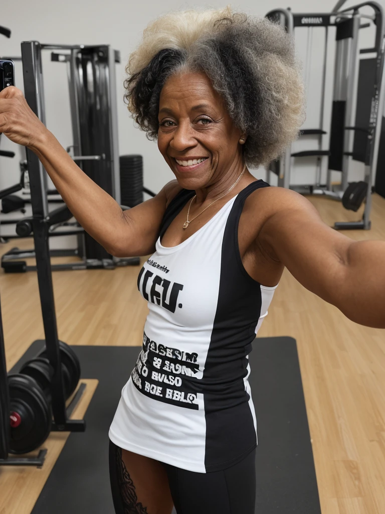 Androeda, solo, realistic, black girl, ((85-year-old girl)), ((mature)), ((old woman)), ((wrinkled woman)), african american old woman, old black woman, dark-skinned, (((upper body only))), ((at the gymnasium)), ((selfie shot)), smiling, wearing attractive tops, white hair