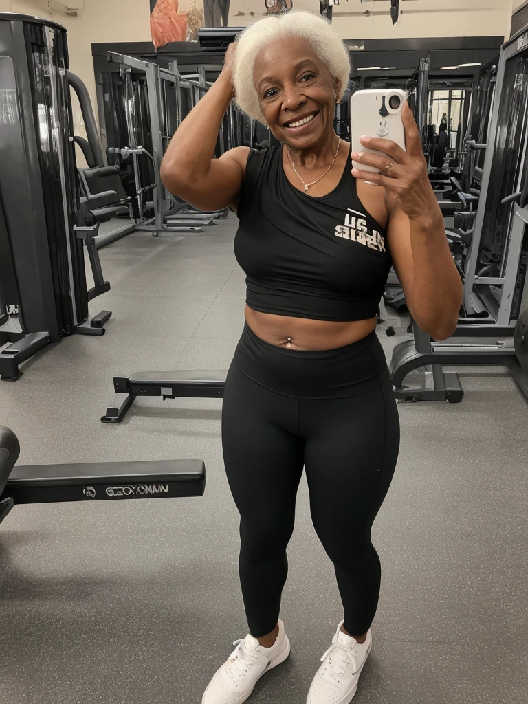 Androeda, solo, realistic, black girl, ((85-year-old girl)), (()), ((old woman)), ((wrinkled woman)), african american old woman, old black woman, dark-skinned, (((upper body only))), ((at the gymnasium)), ((selfie shot)), smiling, wearing attractive tops, white hair
