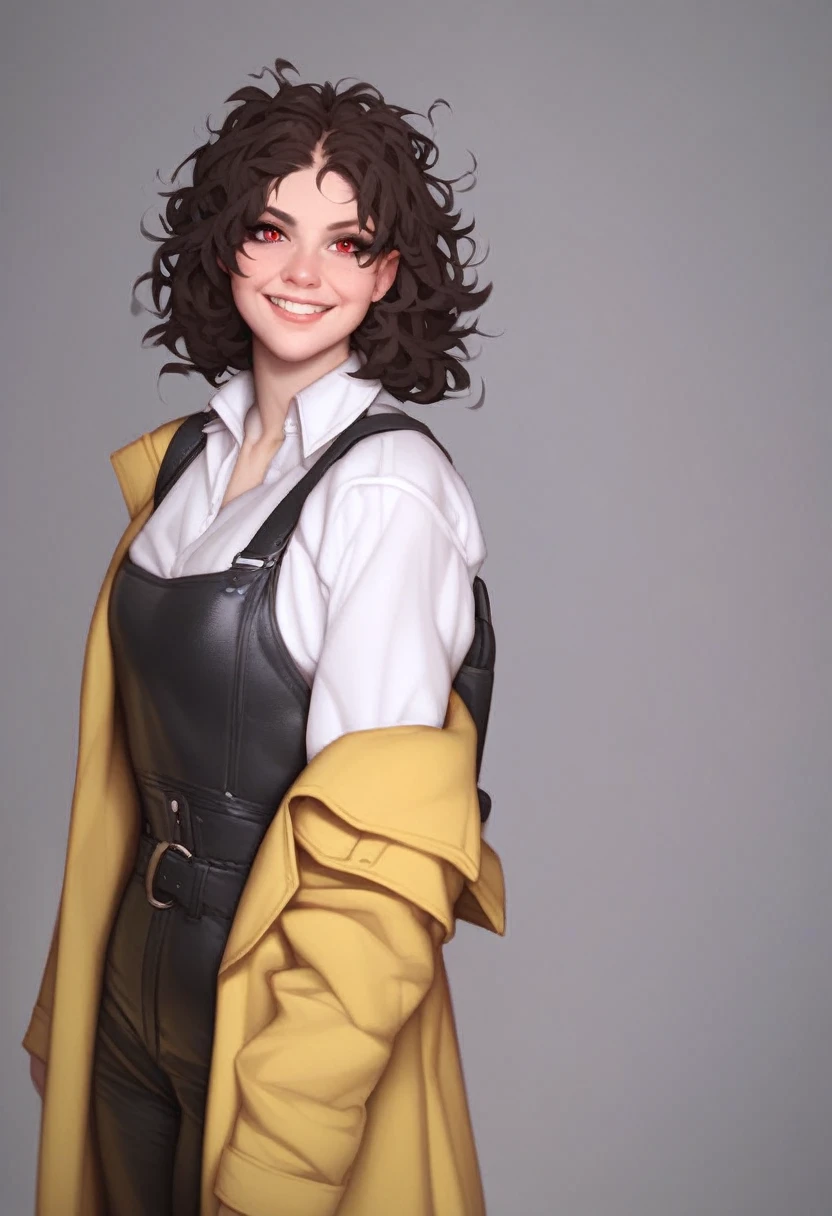 (adult), (woman) ((tall)), ((Elana From Library of ruina)), masterpiece, best quality, very aesthetic, absurdres, shiny skin, Perfect face, Perfect shadowing, Perfect cloathing, skindentation, brown hair, hair bum, ((all messy hair)) red eyes, plain white shirt, Yellow coat, black pants, leather waist backpack, (faint smile), realistic anime style, oil painting.
