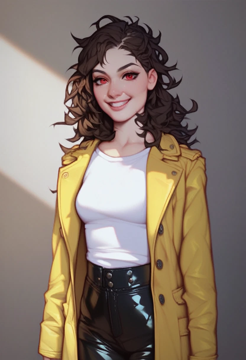 (adult), (woman) ((tall)), ((Elana From Library of ruina)), masterpiece, best quality, very aesthetic, absurdres, shiny skin, Perfect face, Perfect shadowing, Perfect cloathing, skindentation, brown hair, hair bum, ((all messy hair)) red eyes, plain white shirt, Yellow coat, black pants, leather waist backpack, (faint smile), realistic anime style, oil painting.