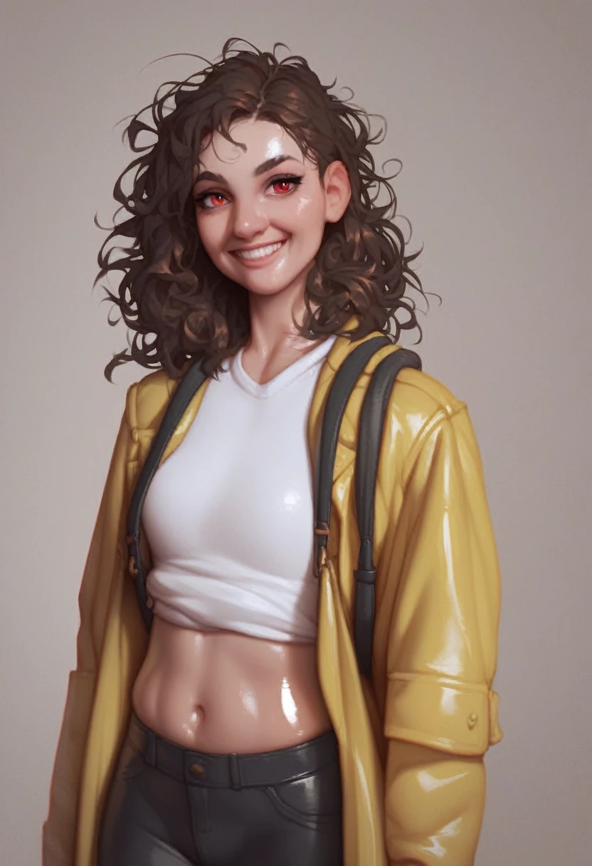 (adult), (woman) ((tall)), ((Elana From Library of ruina)), masterpiece, best quality, very aesthetic, absurdres, shiny skin, Perfect face, Perfect shadowing, Perfect cloathing, skindentation, brown hair, hair bum, ((all messy hair)) red eyes, plain white shirt, Yellow coat, black pants, leather waist backpack, (faint smile), realistic anime style, oil painting.
