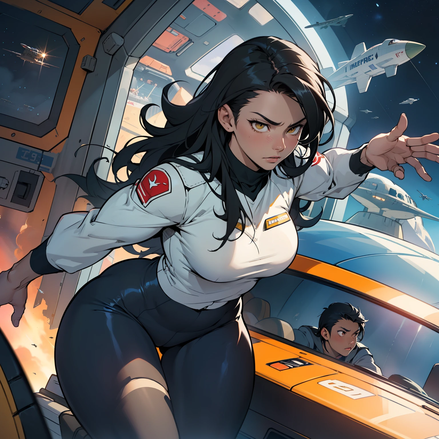1girl solo black hair yellow eyes very long hair pale skin muscular muscular muscular muscular toned body huge muscles thick thighs girl tight clothes messy hair leggings tight shirt long sleeves thick thick thick thick thick thick (piloting spaceship) (piloting spaceship) (piloting spaceship) (piloting spaceship) (piloting spaceship) (piloting spaceship) (piloting spaceship) expressionless sad