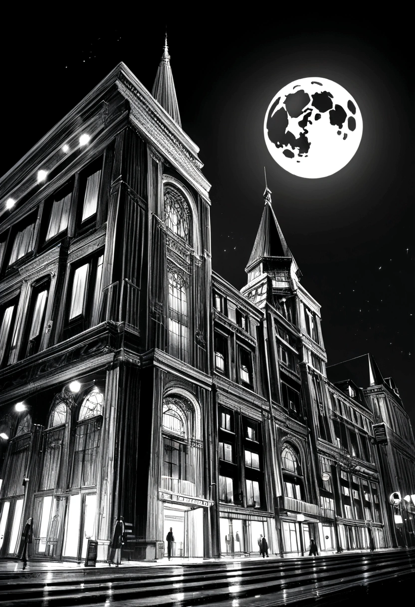 (Realistic construction, rich in details) facade, building, bank, central bank, 70s, night sky, full moon, lights, monochrome.