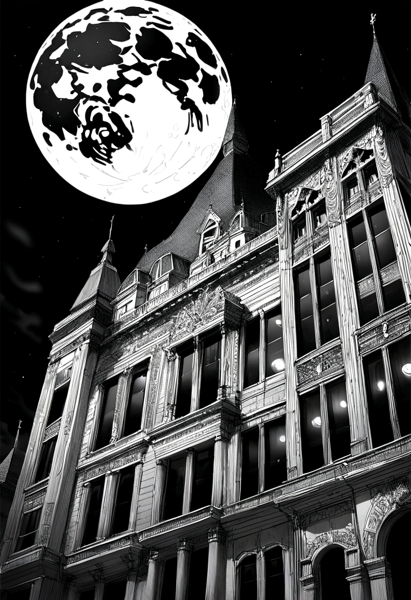 (Realistic construction, rich in details) facade, building, bank, central bank, 70s, night sky, full moon, lights, monochrome.