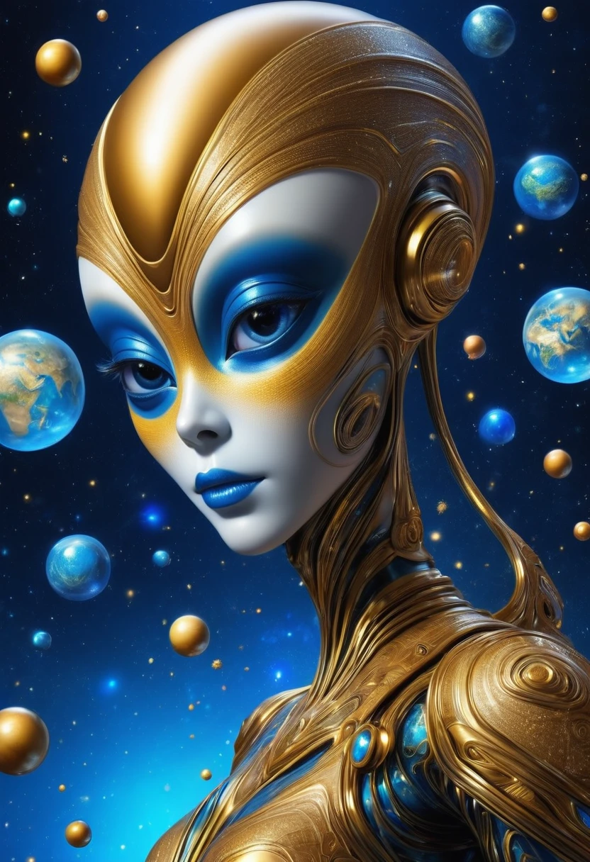 Artistic creativity：1.5，Golden Alien Portrait，Many planets array，Blue Background，Planet Decoration，Artistic Creativity:1.37