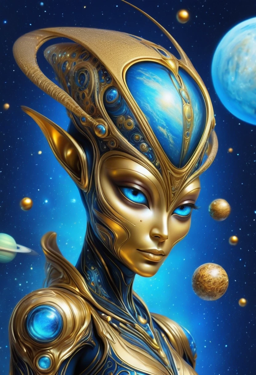 Artistic creativity：1.5，Golden Alien Portrait，Many planets array，Blue Background，Planet Decoration，Artistic Creativity:1.37