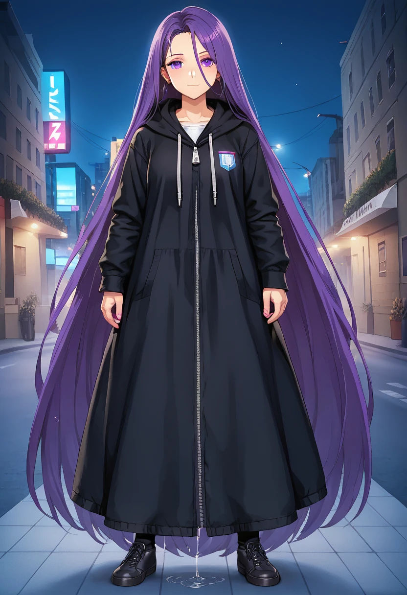 (masterpiece:1.37), best quality, (extremely detailed:1.37) woman, (adult:1.5), (very long hair:1.5), dark purple hair, purple eyes, (extremely detailed eyes:1.37), breasts, hoodie, jeans, (wetting:2.0), standing straight, full body day, daytime, glow, facing viewer, perfect composition, full body, city, street