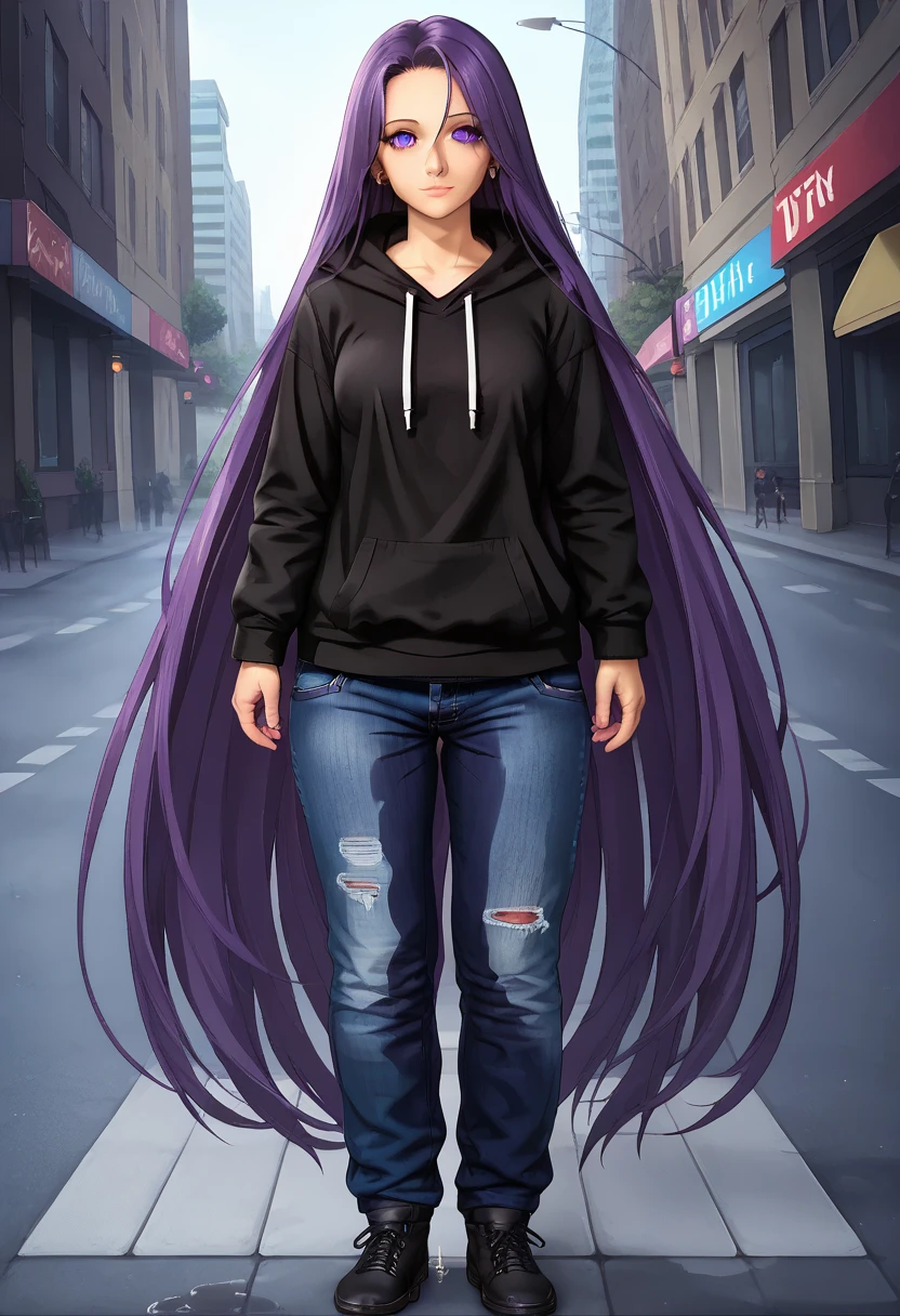 (masterpiece:1.37), best quality, (extremely detailed:1.37) woman, (adult:1.5), (very long hair:1.5), dark purple hair, purple eyes, (extremely detailed eyes:1.37), breasts, hoodie, jeans, (wetting:2.0), standing straight, full body day, daytime, glow, facing viewer, perfect composition, full body, city, street