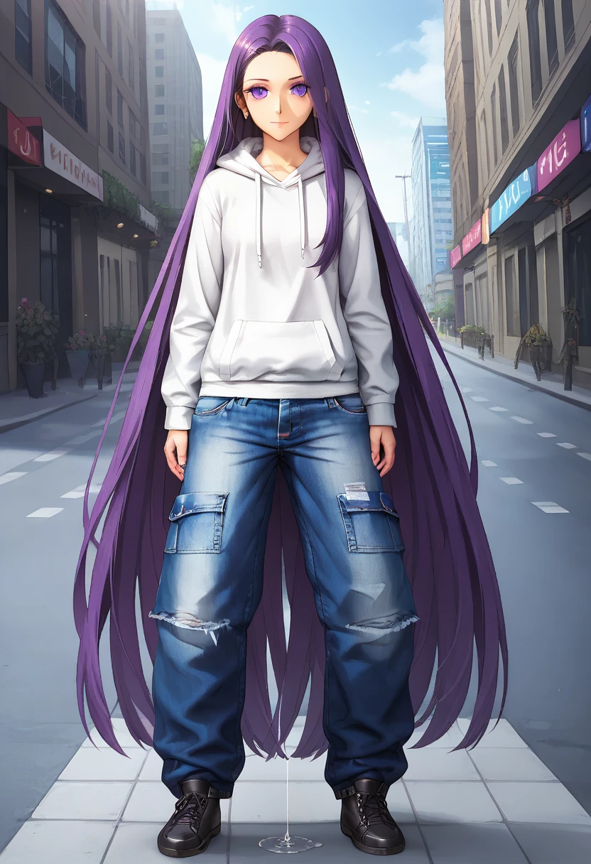 (masterpiece:1.37), best quality, (extremely detailed:1.37) woman, (adult:1.5), (very long hair:1.5), dark purple hair, purple eyes, (extremely detailed eyes:1.37), breasts, hoodie, jeans, (wetting:2.0), standing straight, full body day, daytime, glow, facing viewer, perfect composition, full body, city, street