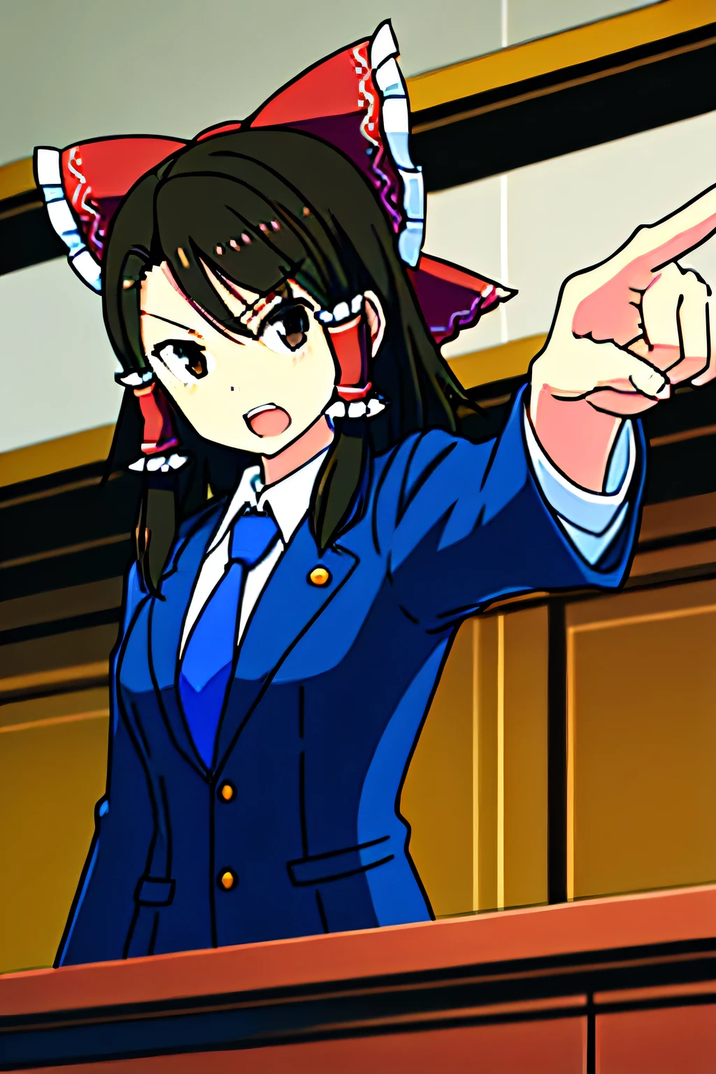 hakurei reimu,objection, ace attorney, phoenix wright , 1girl, black eyes, blue necktie, brown hair, courtroom, cropped jacket, jacket, necktie, open jacket, open mouth, pointing