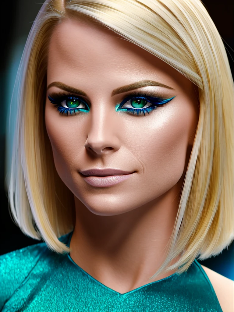 photorealistic face of a european woman, age 30,  blond shoulder long hair, green eyes, royal blue eyeshadow, glossy lips, ultra-detailed skin 