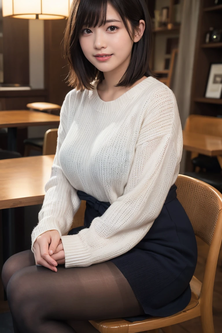 A naive 33-year-old wife、Wear a knit dress that shows off your beautiful body line.、(Wearing pantyhose,Realistic pantyhose)、Thighs Thighs Thighs、Sitting on a chair in an open café、Height: 156cm, A little chubby、Japanese Model, Short Layered Hair、Laughter、smile、Japanese Girls, A proper Japanese woman, Japanese Goddess, Innocence、RAW Photos, (In 8K、Highest quality、masterpiece:1.2)、(Intricate details:1.4)、(Photorealistic:1.4)、Octane Rendering、Highly detailed and intricate 3D rendering, Soft studio light, Rim Light, Crisp details, Super detailed, Realistic skin texture, Detailed aspect, Beautiful attention to detail, Highly detailed CG Unity 16k wallpaper, Compensate, (Detailed Background:1.2), Shiny skin、Exposed thighs!!!、