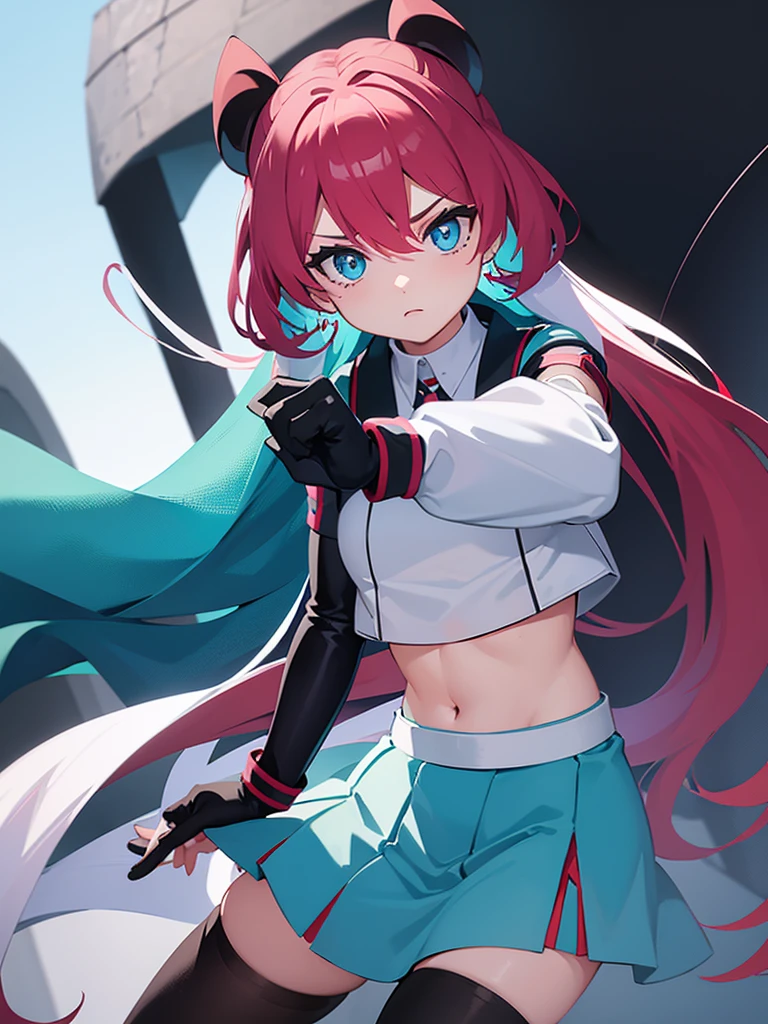 1girl, cyan hair, blue eyes, team rocket, team rocket uniform, red letter R, white skirt,white crop top, black thigh-highs, black elbow gloves