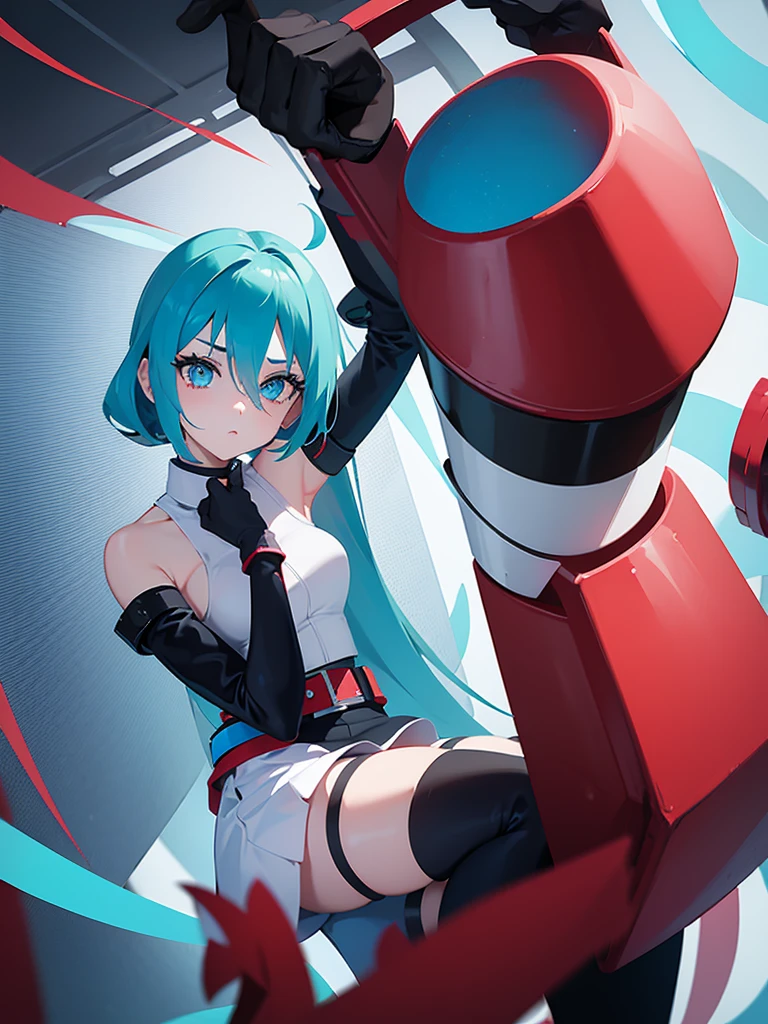 1girl, cyan hair, blue eyes, team rocket, team rocket uniform, red letter R, white skirt,white crop top, black thigh-highs, black elbow gloves