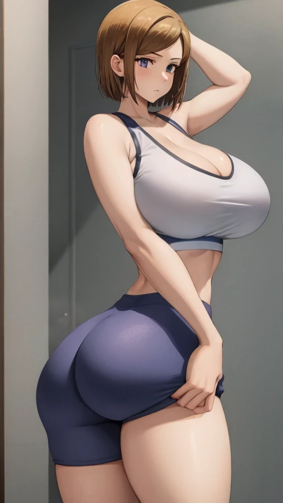 Hazel hair,in tight purple dolphin shorts and a purple sports bra, flat bely, thicc thighs and huge ass