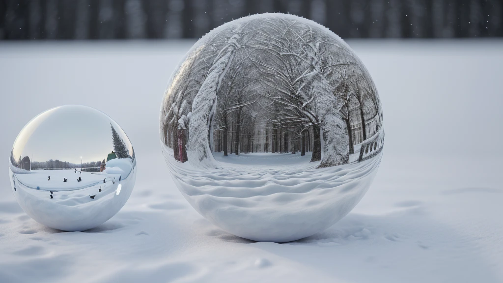 Less blurred background, Digitally created ball, 8K Ball, perfect reflection, christmas background, snowing, Snow on the ground, snow bear in costume behind, infinite balls