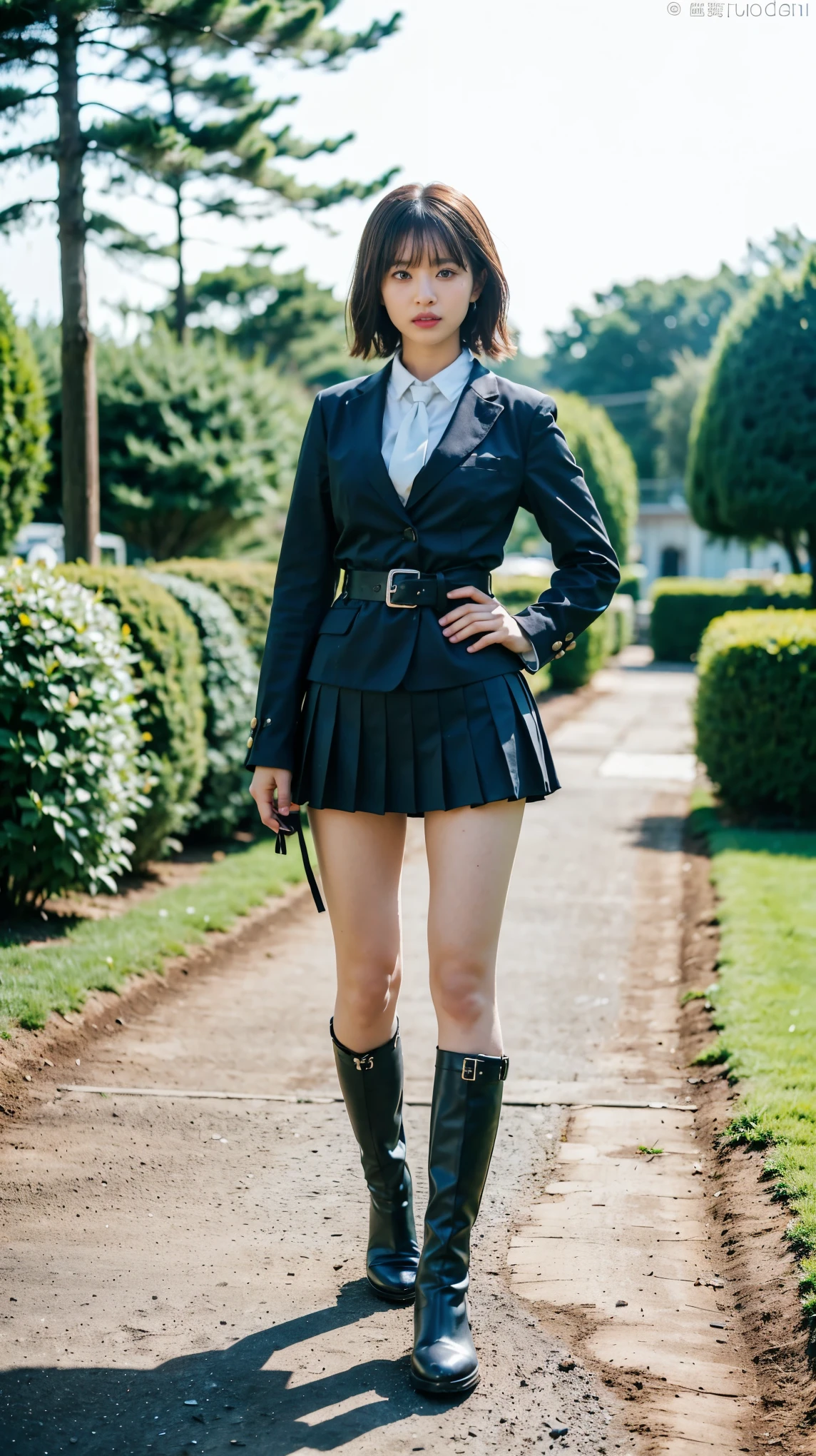 (8K、RAW Photos、Highest quality、masterpiece:1.2)、(Realistic、Realistic)、1 Girl、((Check mini skirt、tie、Medium Hair、black、Thin legs、whole body、boots、blackいコート、one piece、garden、View from the front、Looking into the camera、belt、Stand with hands on hips))、