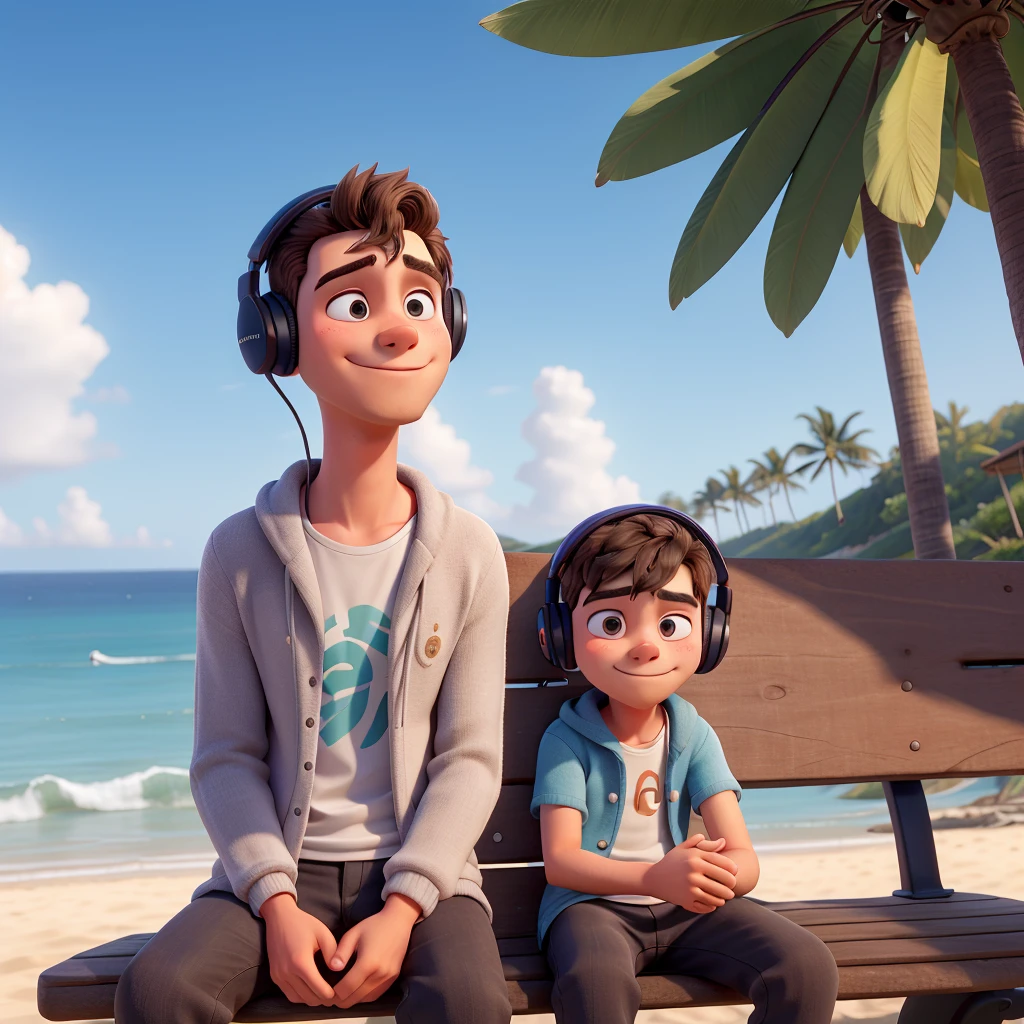 A cute men, eyes close, headphones on sitting in the public bench in a beach, in the back of him theres a big ocean, no one on in the beach except him in casual dress