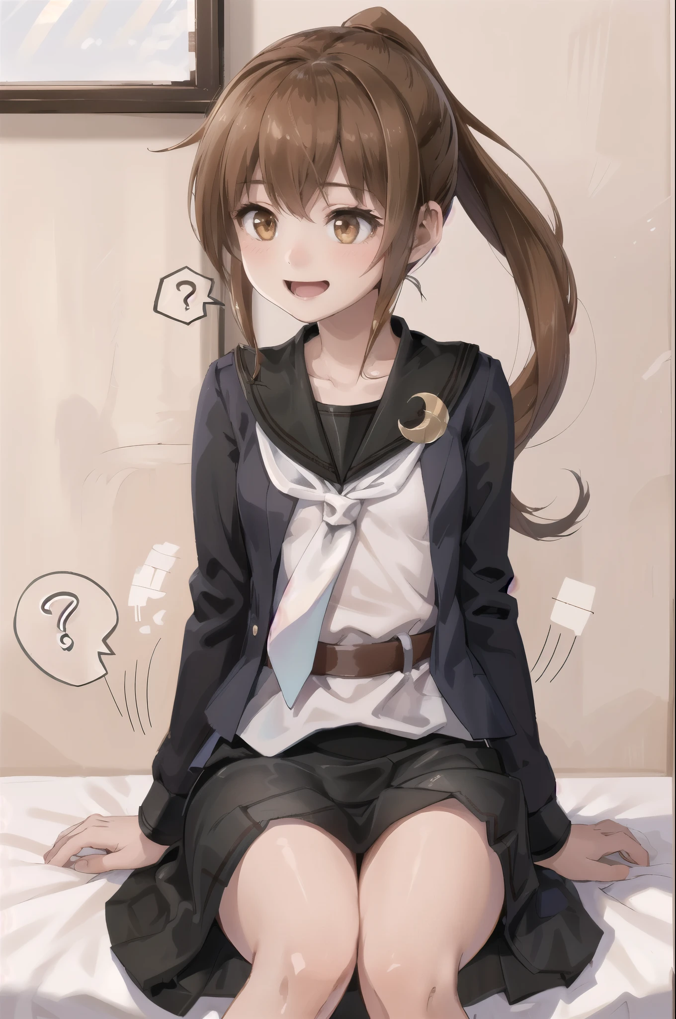 (masterpiece), (Highest quality), (Super detailed), ((Very delicate and beautiful)), One girl, 独奏, July, Cowboy Shot, Black Sailor Suit, White neckerchief, Crescent Pin, (very long hair), ponytail, smile, Flat Chest, belt, Black Skirt, chestnut mouth, Sitting, on bed, spoken question mark,  indoors, Detailed iris, young, 