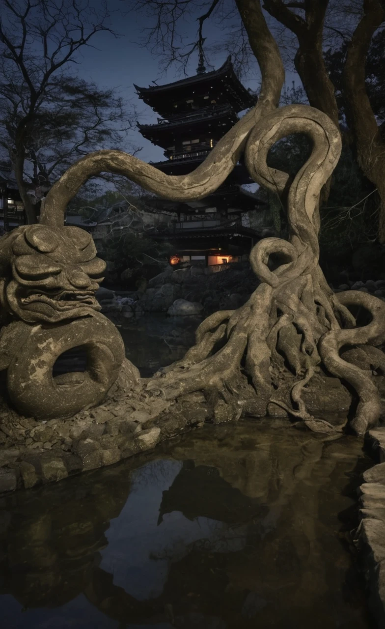 Nure-onna, snake-like water spirit, riverside shrine, eerie and deceptive, high resolution, murky waters, moonlight reflection, twisted tree roots, ancient stone lanterns, traditional Japanese elements