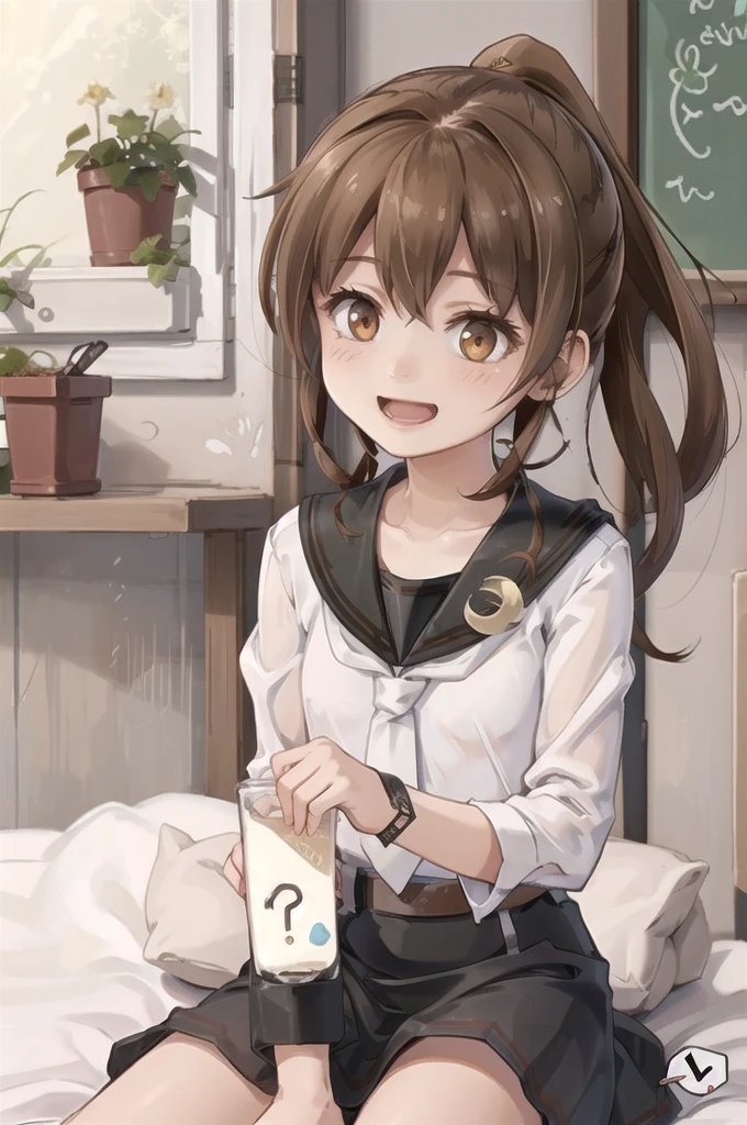 (masterpiece), (Highest quality), (Super detailed), ((Very delicate and beautiful)), One girl, 独奏, July, Cowboy Shot, Black Sailor Suit, White neckerchief, Crescent Pin, (very long hair), ponytail, smile, Flat Chest, belt, Black Skirt, chestnut mouth, Sitting, on bed, spoken question mark,  indoors, Detailed iris, young, 