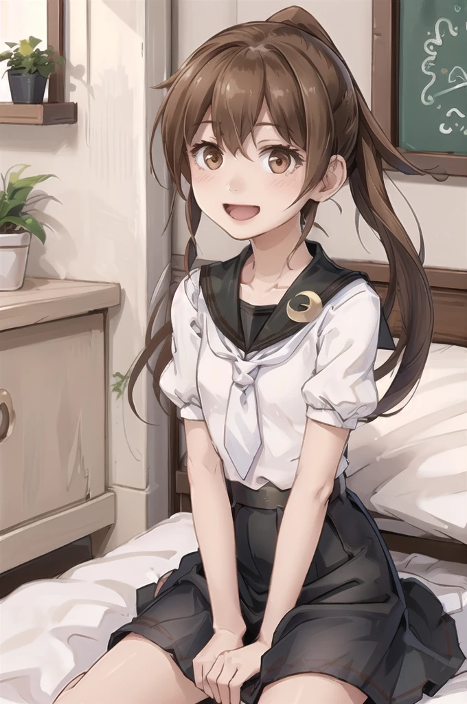 (masterpiece), (Highest quality), (Super detailed), ((Very delicate and beautiful)), One girl, 独奏, July, Cowboy Shot, Black Sailor Suit, White neckerchief, Crescent Pin, (very long hair), ponytail, smile, Flat Chest, belt, Black Skirt, chestnut mouth, Sitting, on bed, spoken question mark,  indoors, Detailed iris, young, 