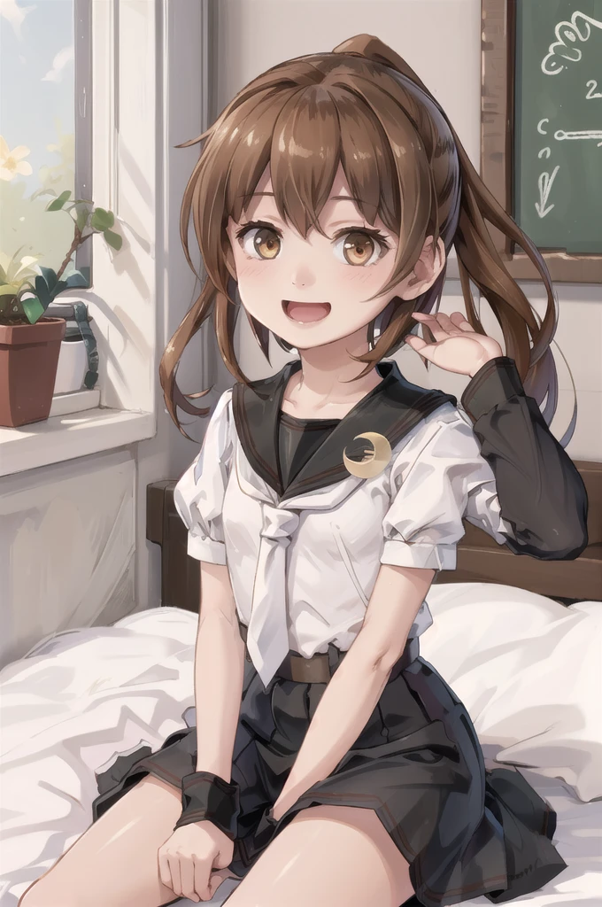 (masterpiece), (Highest quality), (Super detailed), ((Very delicate and beautiful)), One girl, 独奏, July, Cowboy Shot, Black Sailor Suit, White neckerchief, Crescent Pin, (very long hair), ponytail, smile, Flat Chest, belt, Black Skirt, chestnut mouth, Sitting, on bed, spoken question mark,  indoors, Detailed iris, young, 